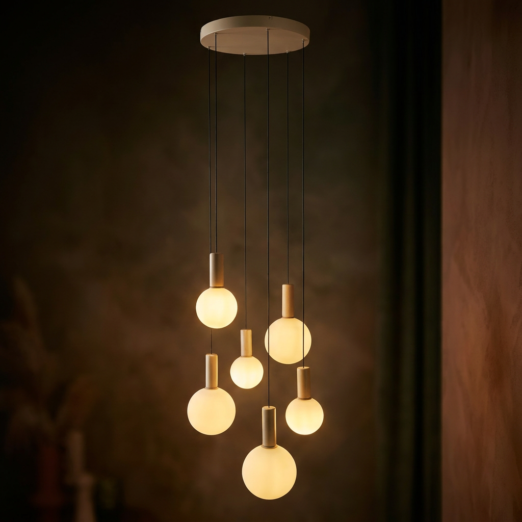 Suspension 6 Lampes Métal Verre Beige · Testa · photo 12