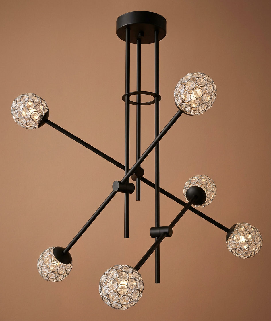 Suspension 6 Lampes Acier Verre Cristal Noir · Paksos · photo 12