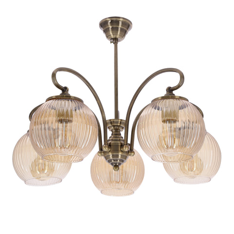 Suspension 5 Lampes Métal Verre Antique Laiton