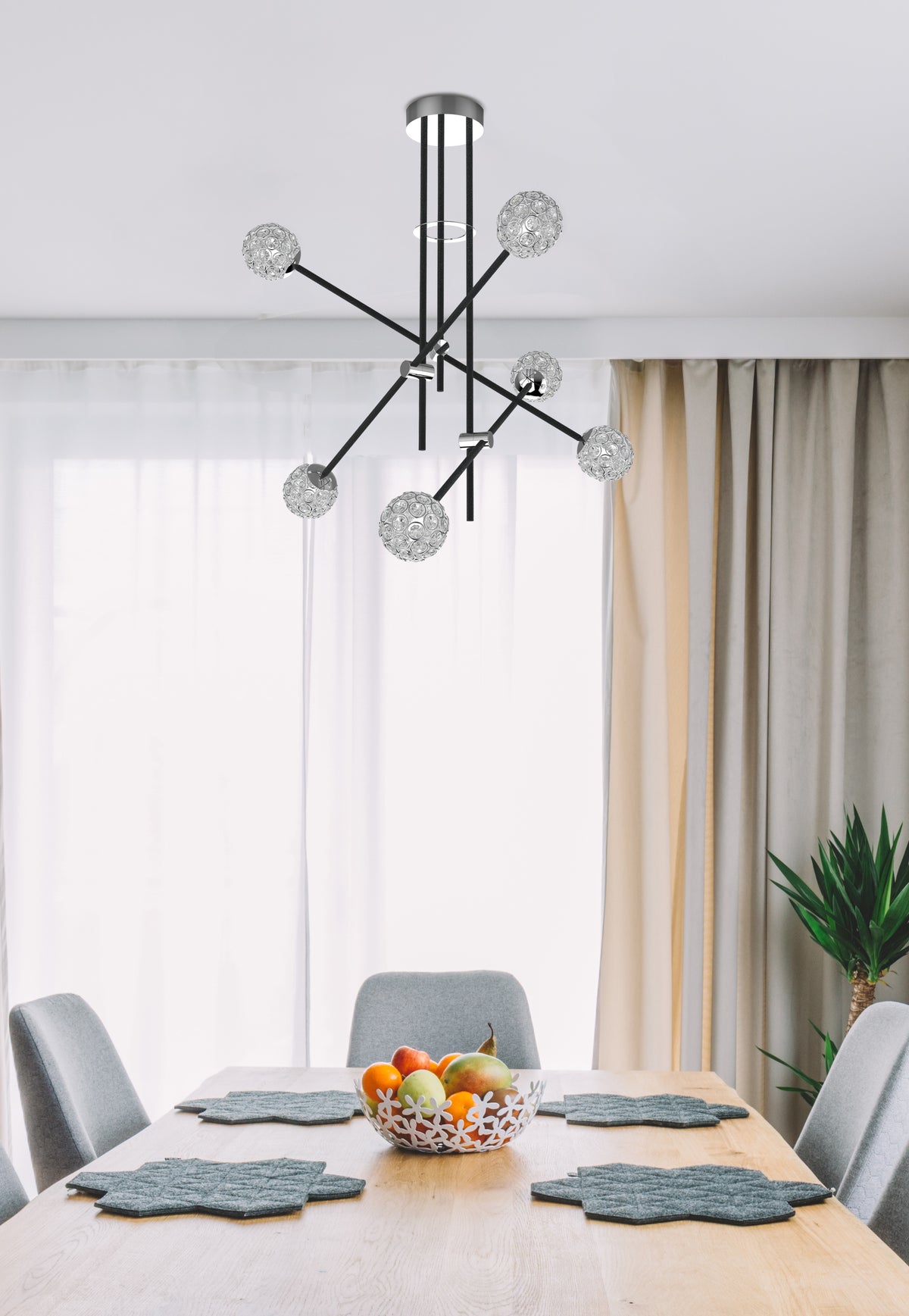Suspension 6 Lampes Acier Verre Cristal Noir · Paksos · photo 2