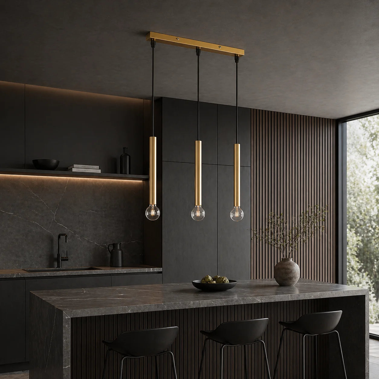 Suspension 3 Cylindres Dorés Longs Ampoules Apparentes | Dallas Long