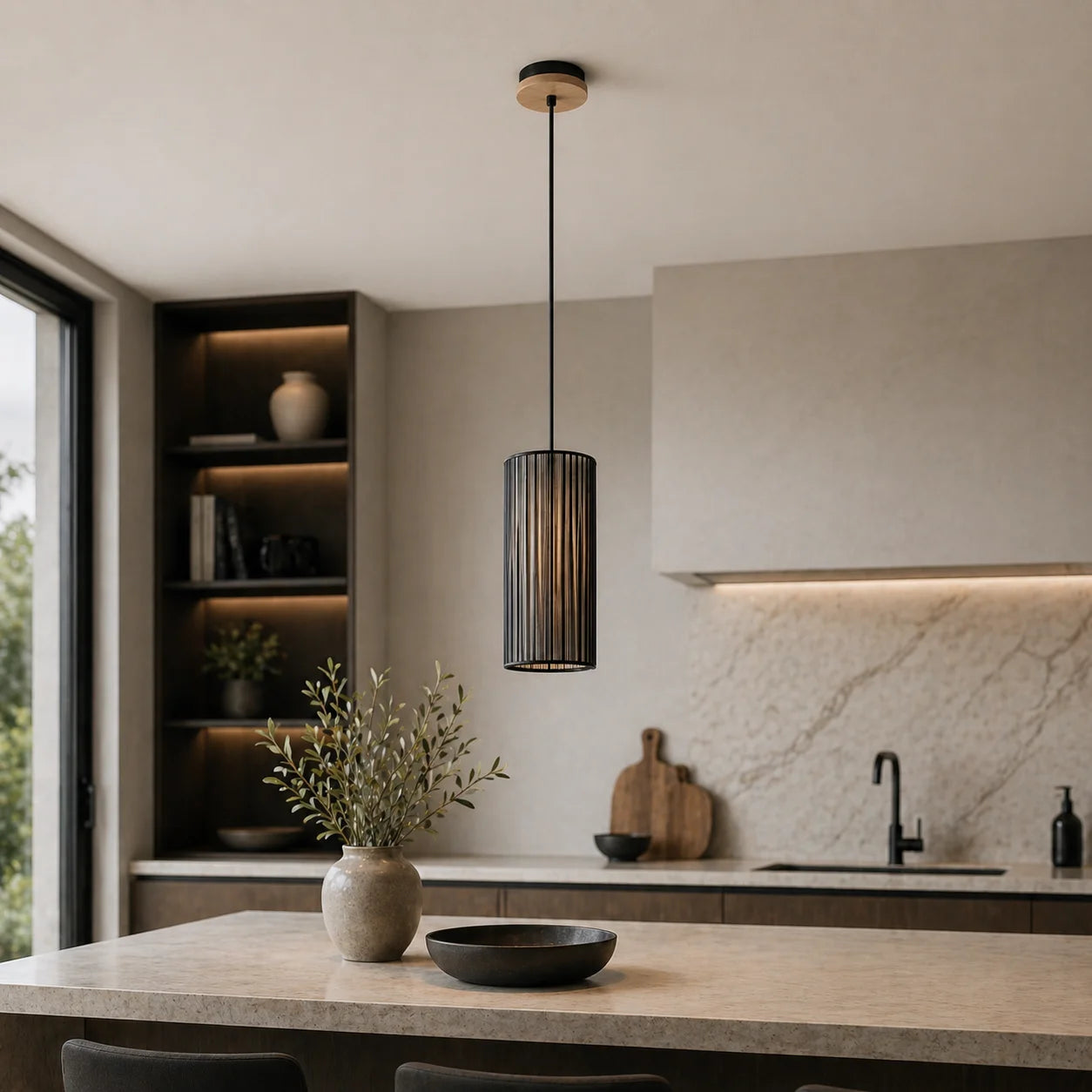 Suspension Cylindrique Fils PVC Noir Bois | Kyoto Slim