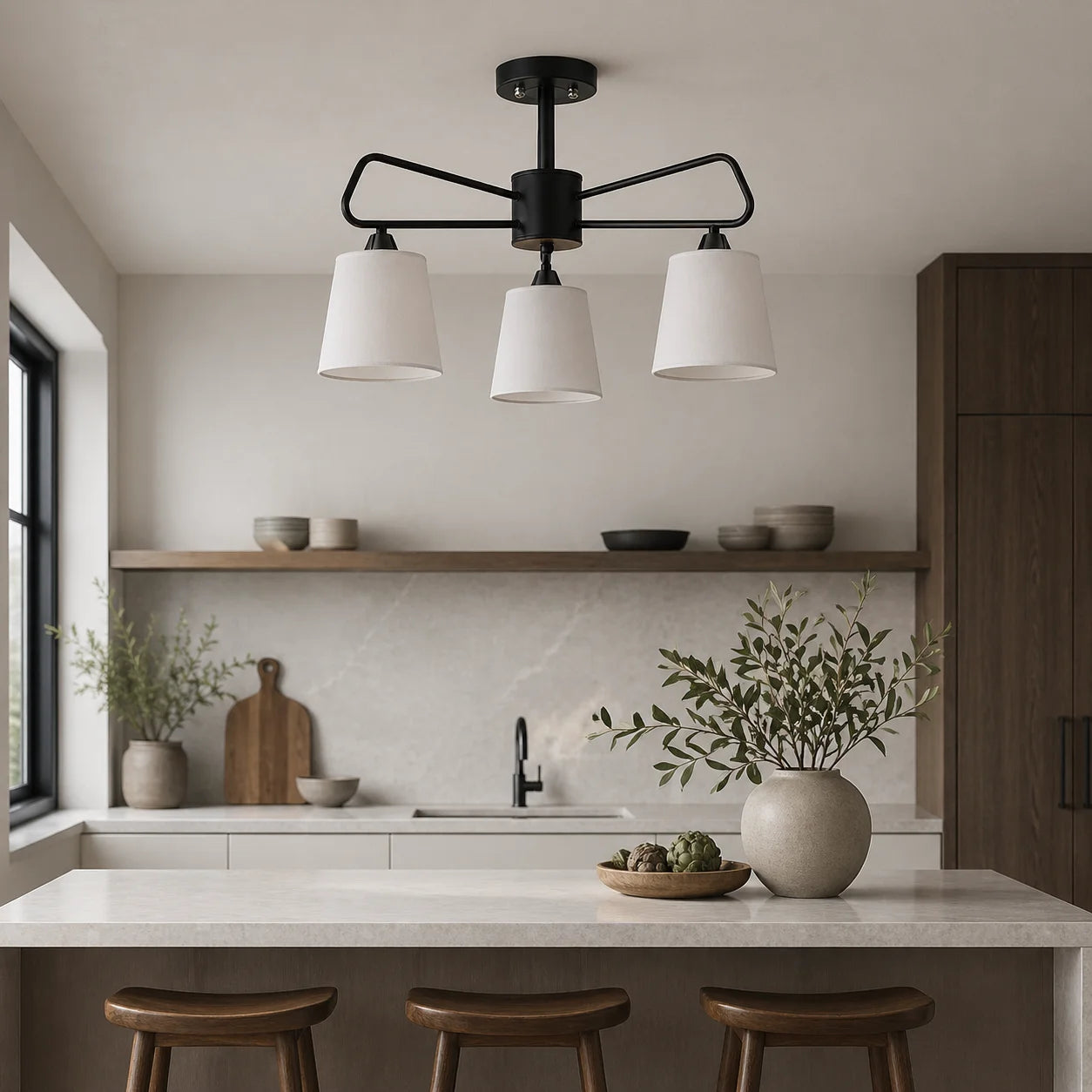 Suspension 3 Abat-Jours Tissu Blanc Structure Noire | Volta