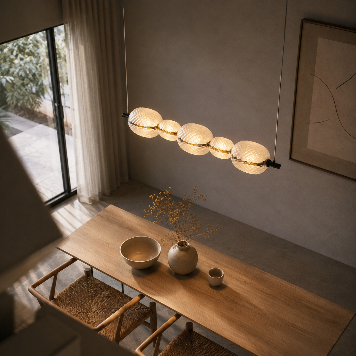 Suspension Linéaire 5 Globes en Verre Soufflé Texturé, LED Intégrée - Lume