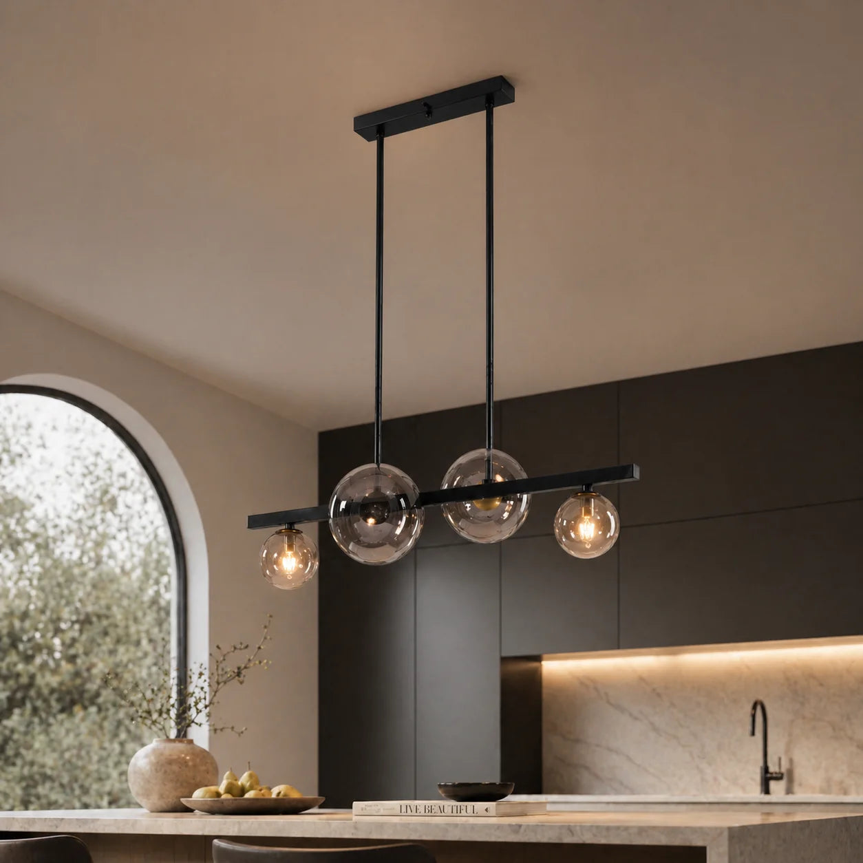 Suspension 4 Globes Verre Fumé Ambré Noir mat | Eclipse