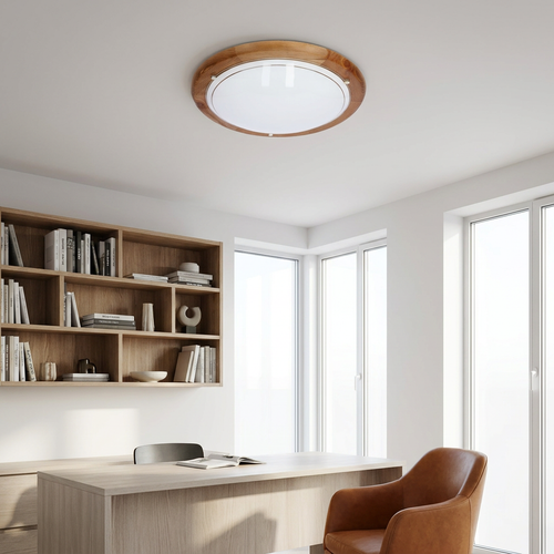 Plafonnier 2 Lampes Acier Verre Bois Chêne