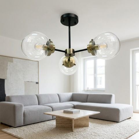 Plafonnier 3 Lampes Métal Verre — en situation dans une piece, fixe au plafond, eteint