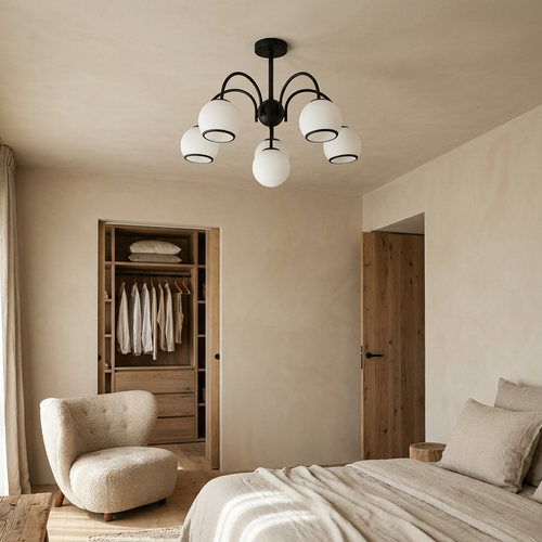 Plafonnier 5 Lampes Acier Verre Noir Blanc