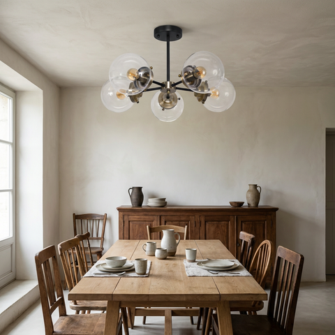 Plafonnier 5 Lampes Métal Verre Noir Antique Laiton — en situation dans une piece, fixe au plafond, eteint