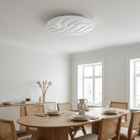 Plafonnier LED Acier Composite Blanc — en situation dans une piece, fixe au plafond, eteint