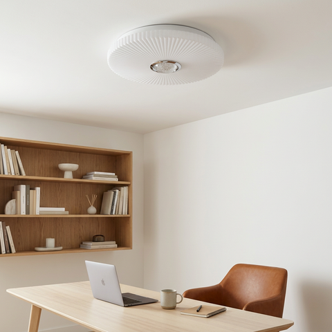 Plafonnier LED Acier Composite Blanc — en situation dans une piece, fixe au plafond, eteint