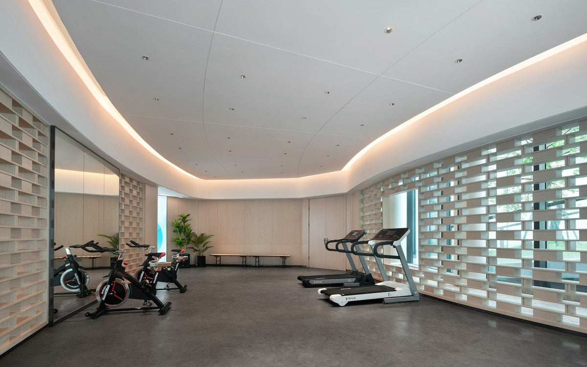Salle de sport avec vélos, tapis de course et éclairage indirect au plafond