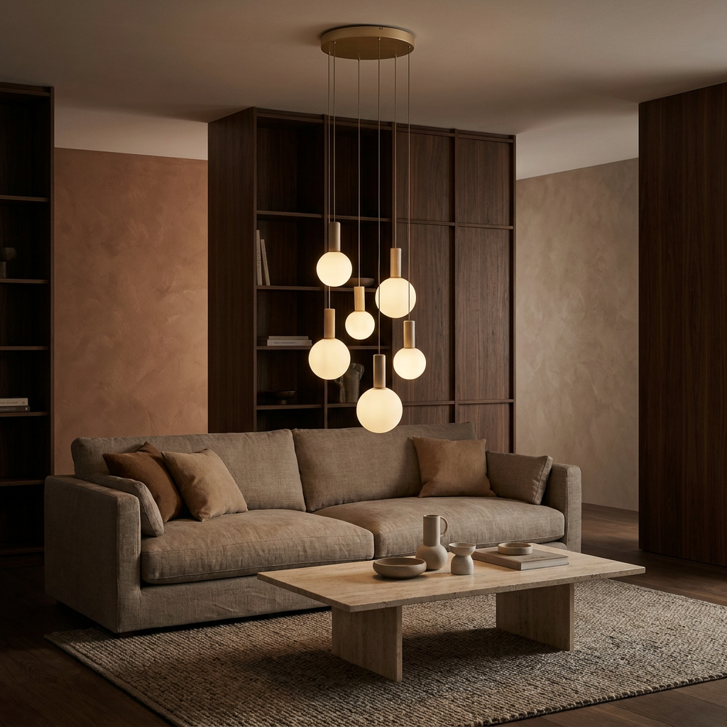 Suspension 6 Lampes Métal Verre Beige · Testa · photo 5