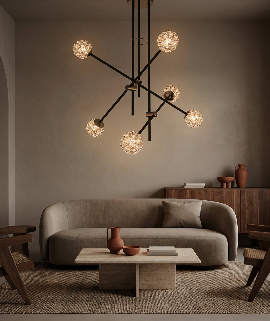 Suspension 6 Lampes Acier Verre Cristal Noir · Paksos · photo 5