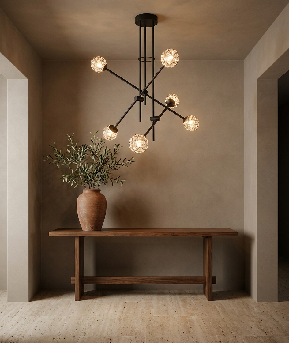 Suspension 6 Lampes Acier Verre Cristal Noir · Paksos · photo 8