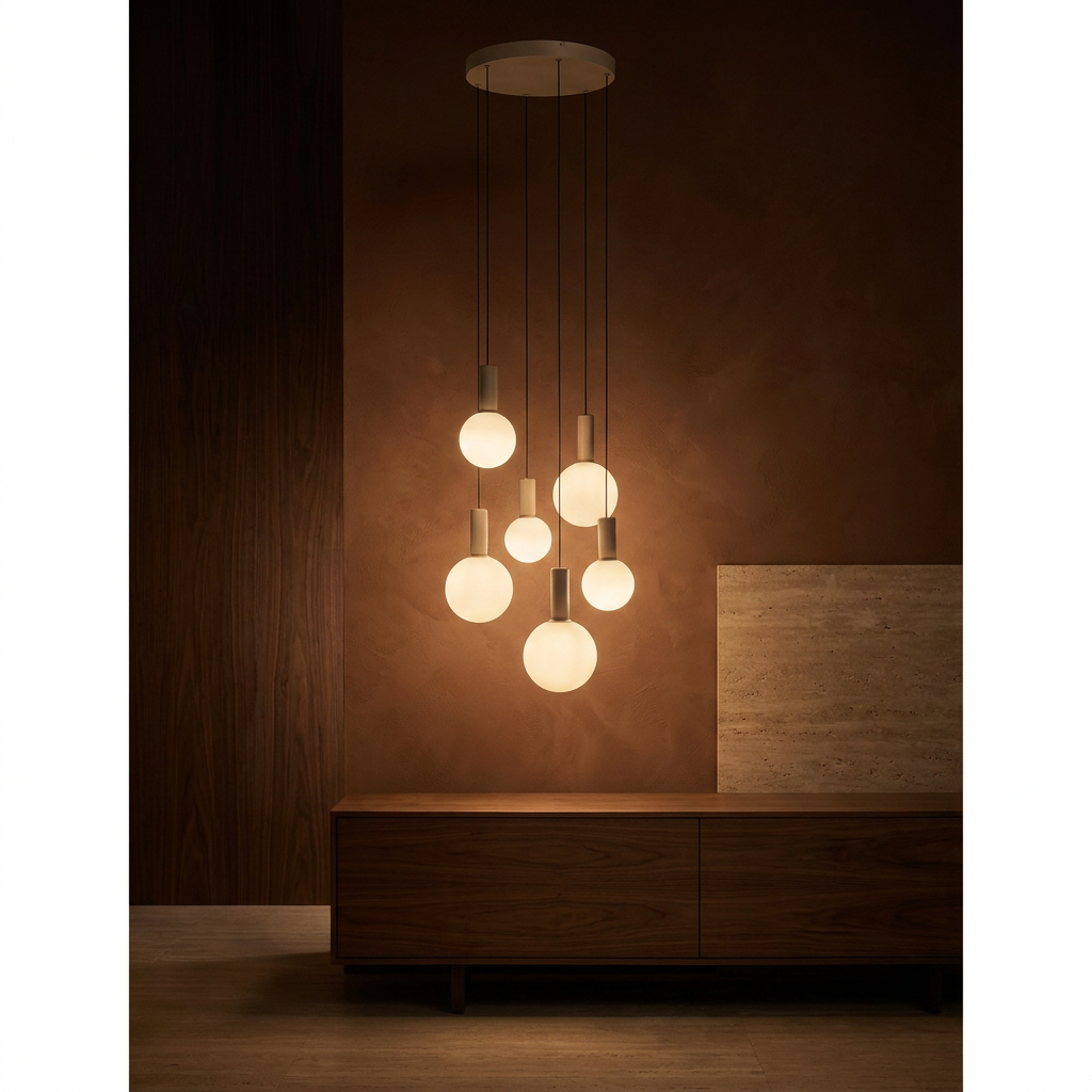 Suspension 6 Lampes Métal Verre Beige · Testa · photo 10