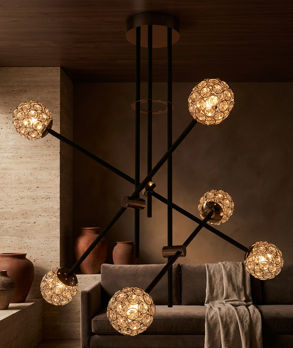 Suspension 6 Lampes Acier Verre Cristal Noir · Paksos · photo 9