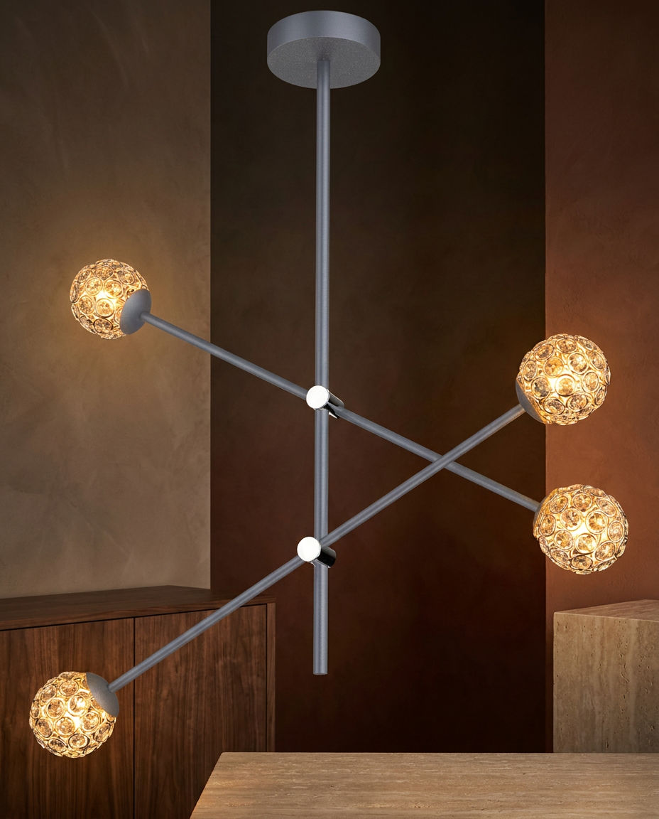 Suspension 4 Lampes Acier Verre Cristal Gris · Paksos · photo 9