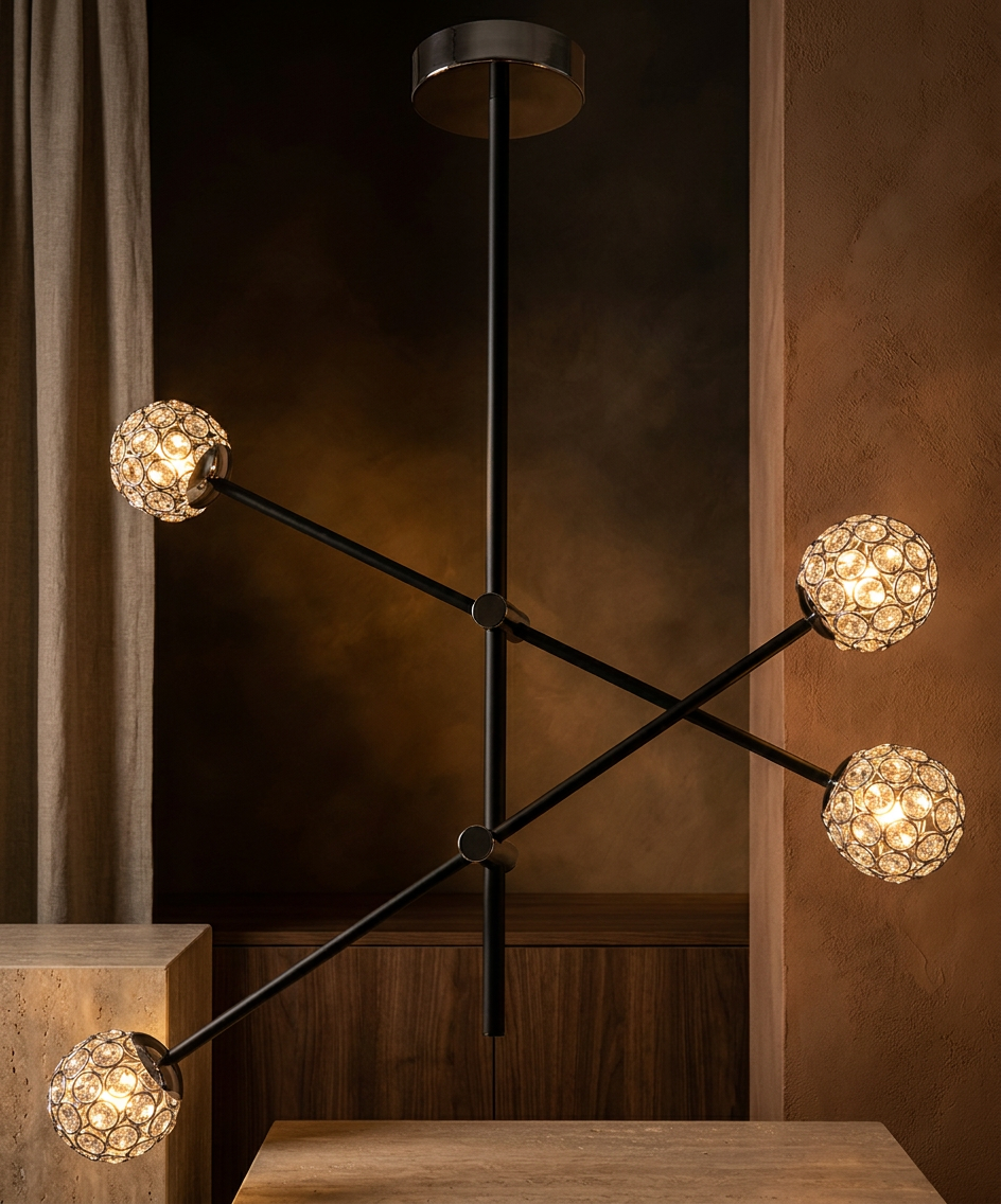Suspension 4 Lampes Acier Verre Cristal Noir · Paksos · photo 9