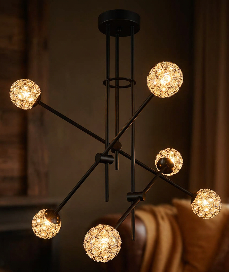 Suspension 6 Lampes Acier Verre Cristal Noir · Paksos · photo 11