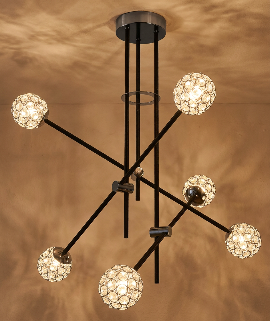 Suspension 6 Lampes Acier Verre Cristal Noir · Paksos · photo 13