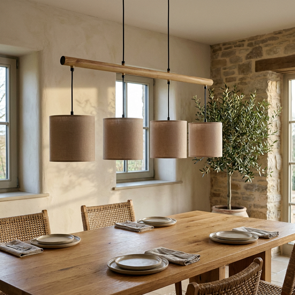 Suspension 4 Lampes en Métal Noir & Abat-jour Tissu - Loft
