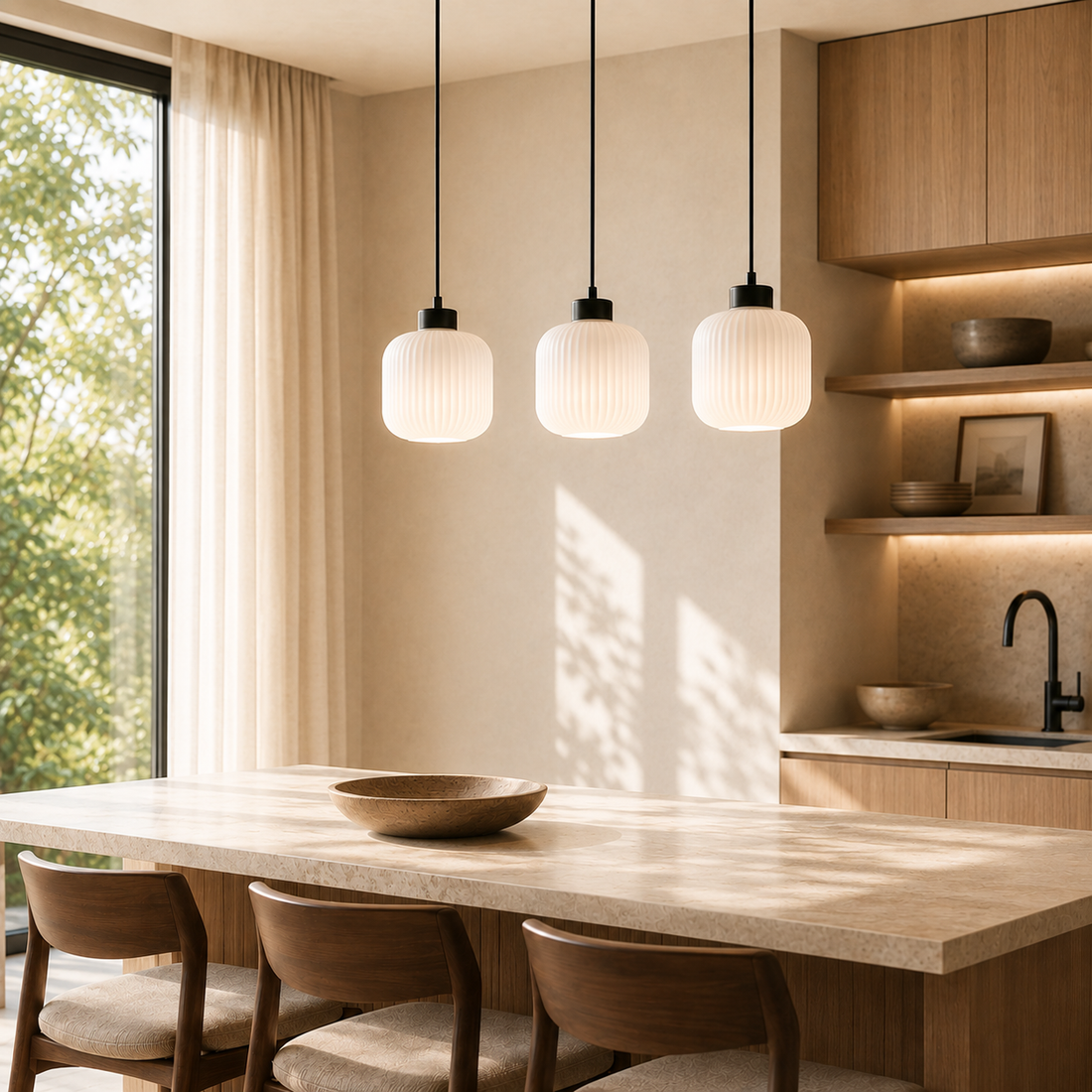 Suspension Barre 3 Lampes en Verre Opale Côtelé - Neva