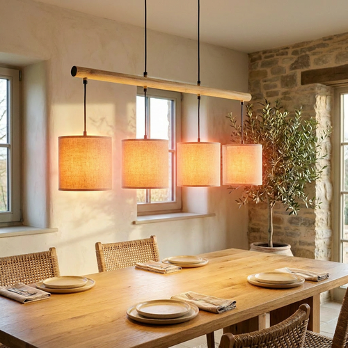 Suspension 4 Lampes en Métal Noir & Abat-jour Tissu - Loft