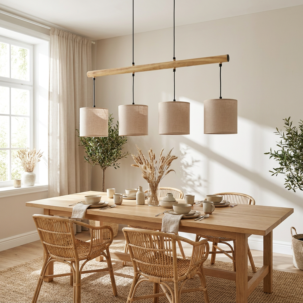 Suspension 4 Lampes en Métal Noir & Abat-jour Tissu - Loft