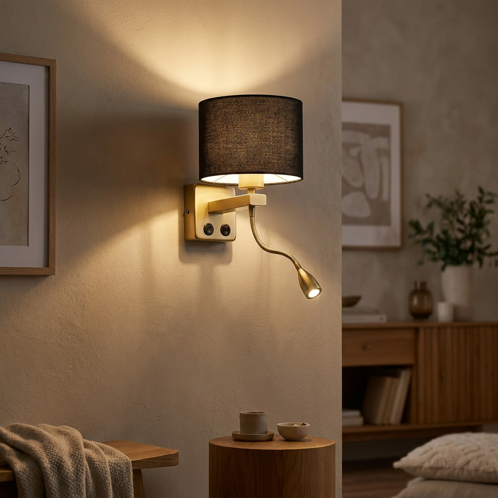 Applique murale 2 Lampes LED Acier Tissu Noir Doré | Polo