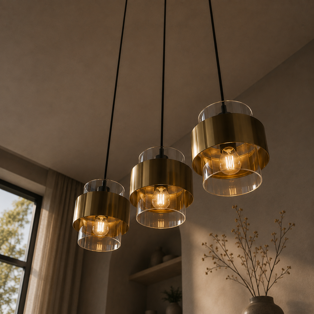 Suspension Barre 3 Lampes en Verre & Laiton - Halo