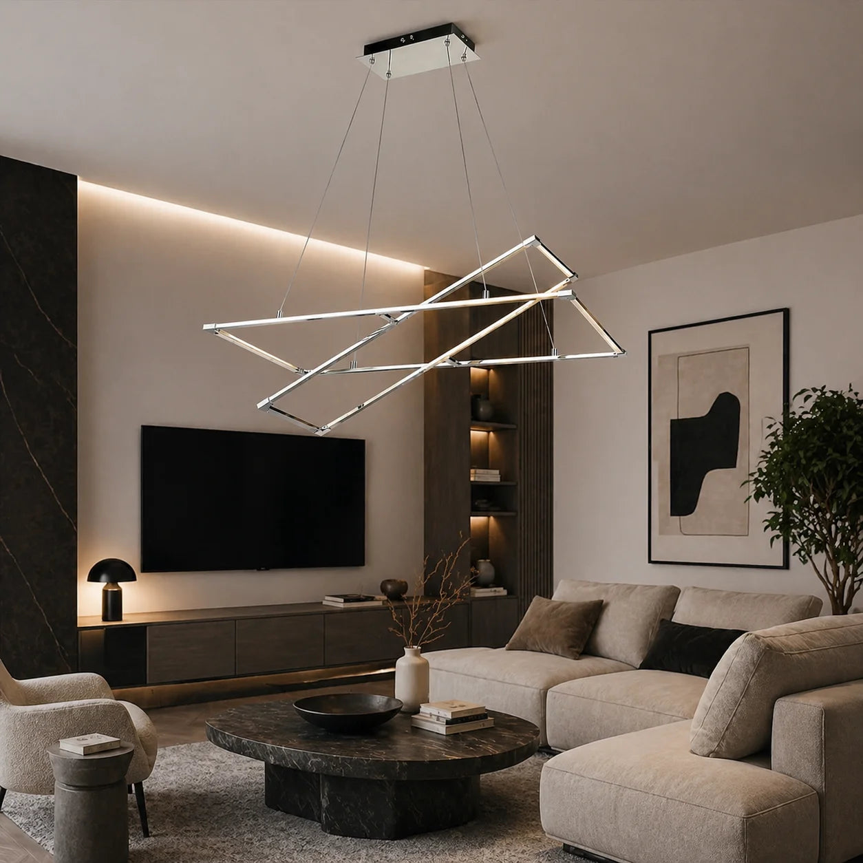 Suspension LED Double Cadre Chromé Géométrique | Nexus