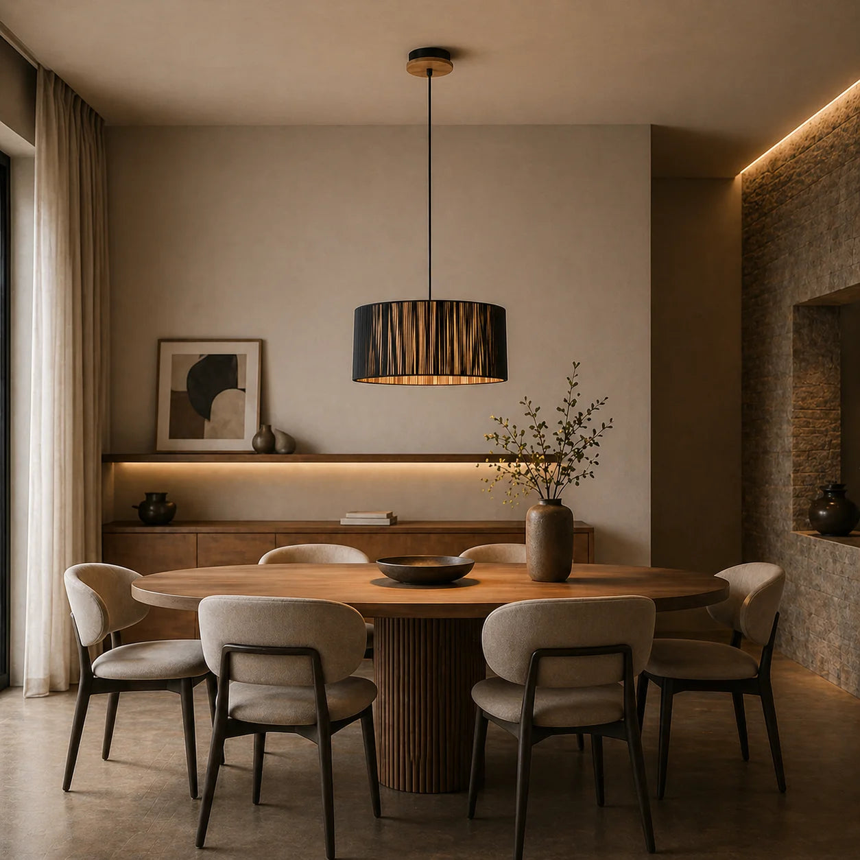 Suspension Abat-Jour Cylindrique Fils PVC Noir Bois | Kyoto