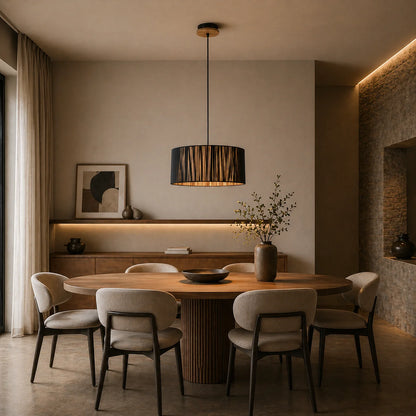 Suspension Abat-Jour Cylindrique Fils PVC Noir Bois | Kyoto