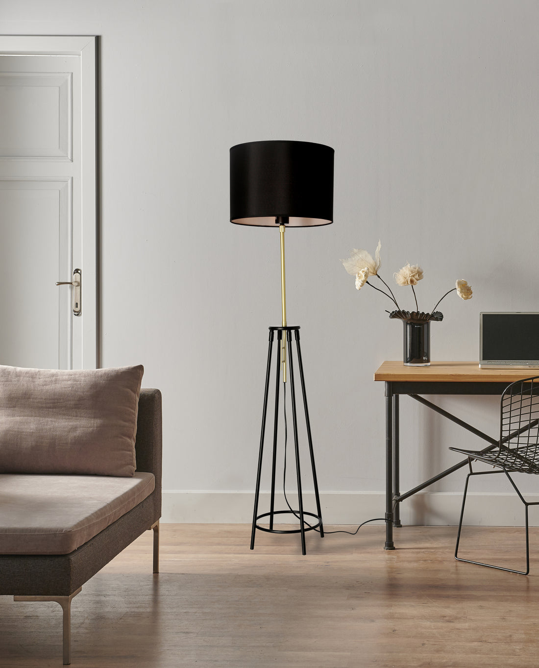 Lampadaire Acier Tissu Noir Doré · Tegola · photo 2