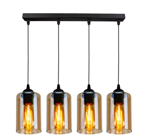 Suspension 4 Lampes Métal Verre · Bistro