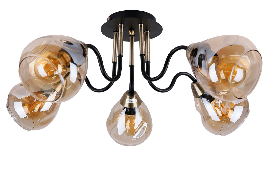 Plafonnier 5 Lampes Acier Verre Noir Doré · Unica