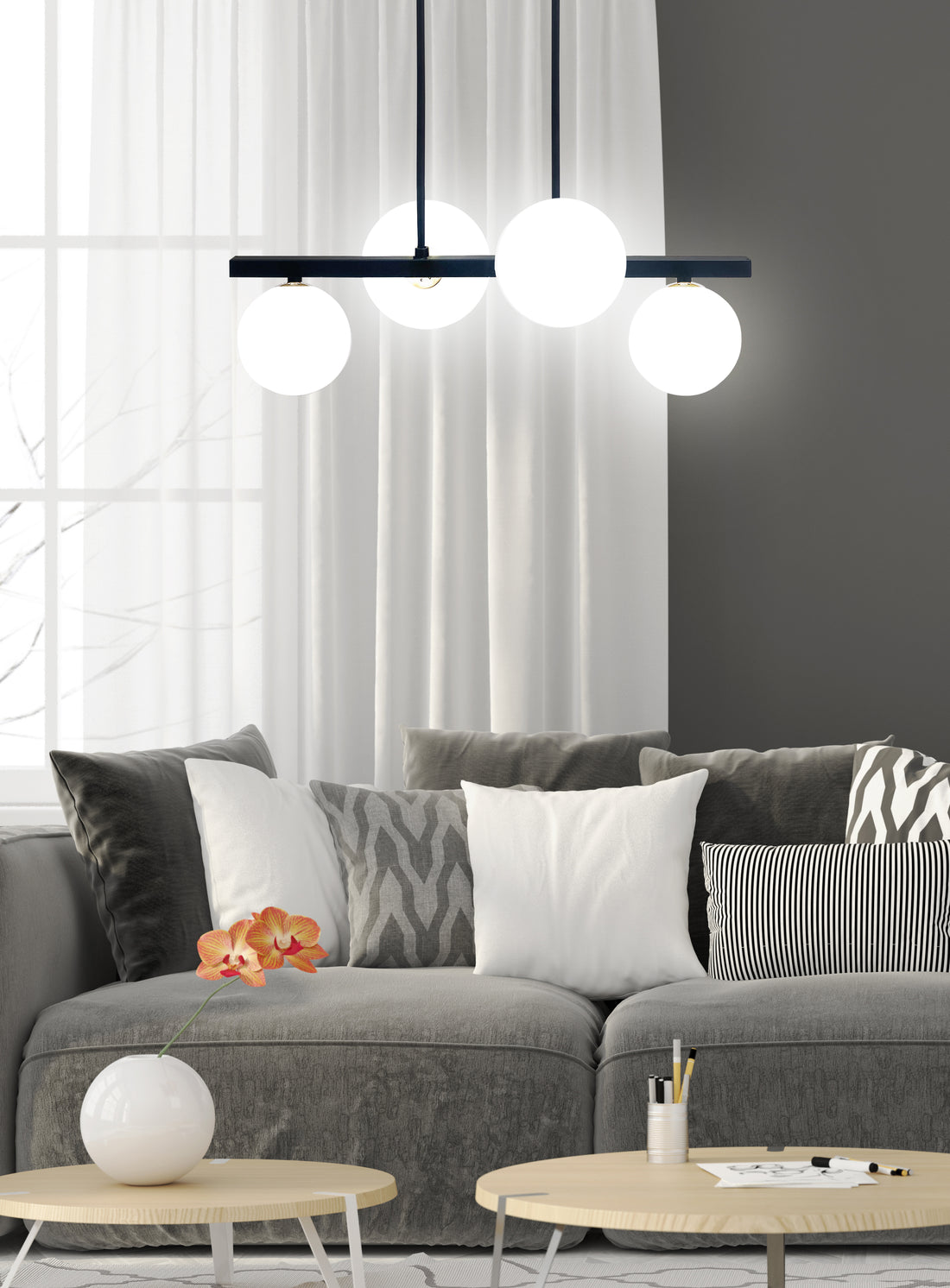 Suspension 4 Lampes Acier Verre Laiton · Kama · photo 4