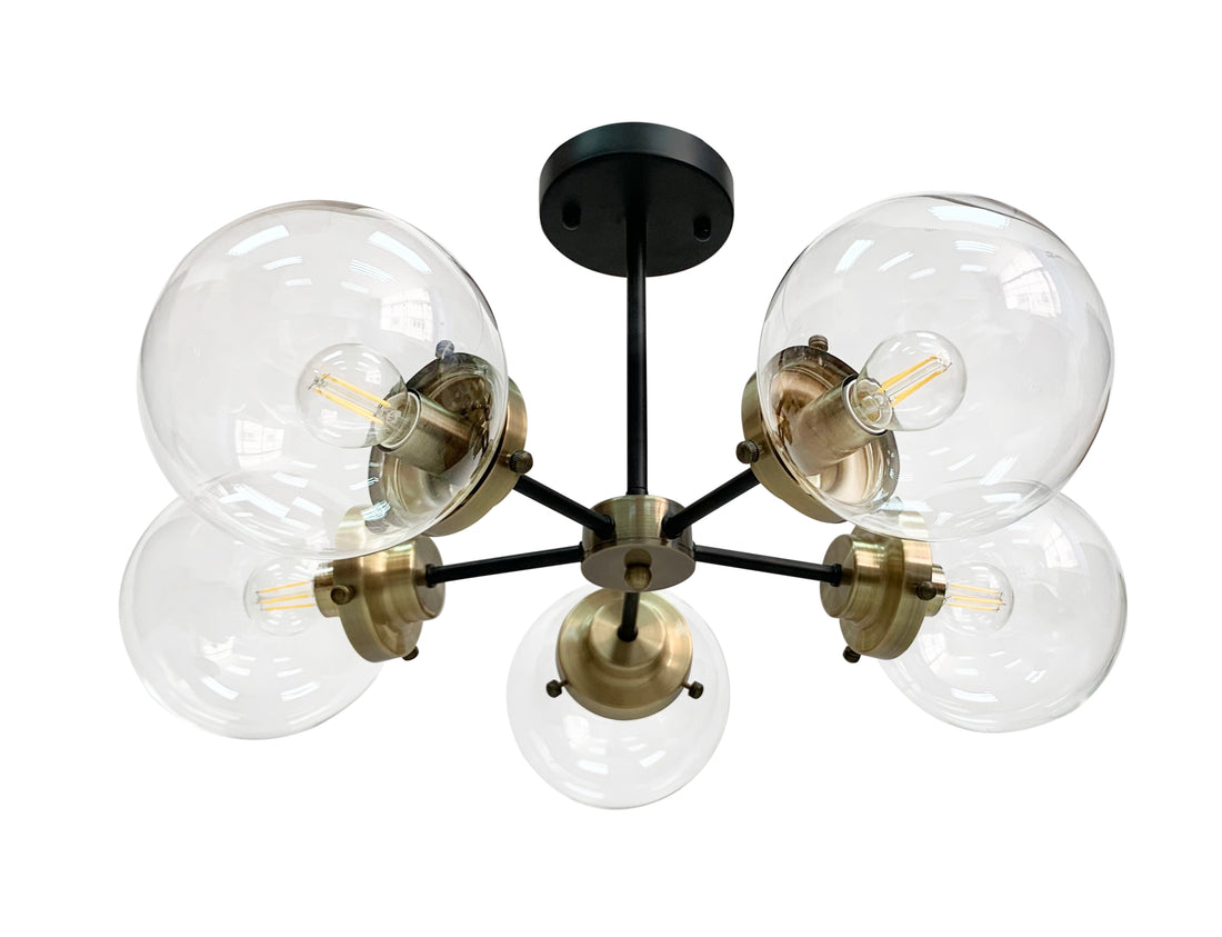Plafonnier 5 Lampes Métal Verre Noir Antique Laiton