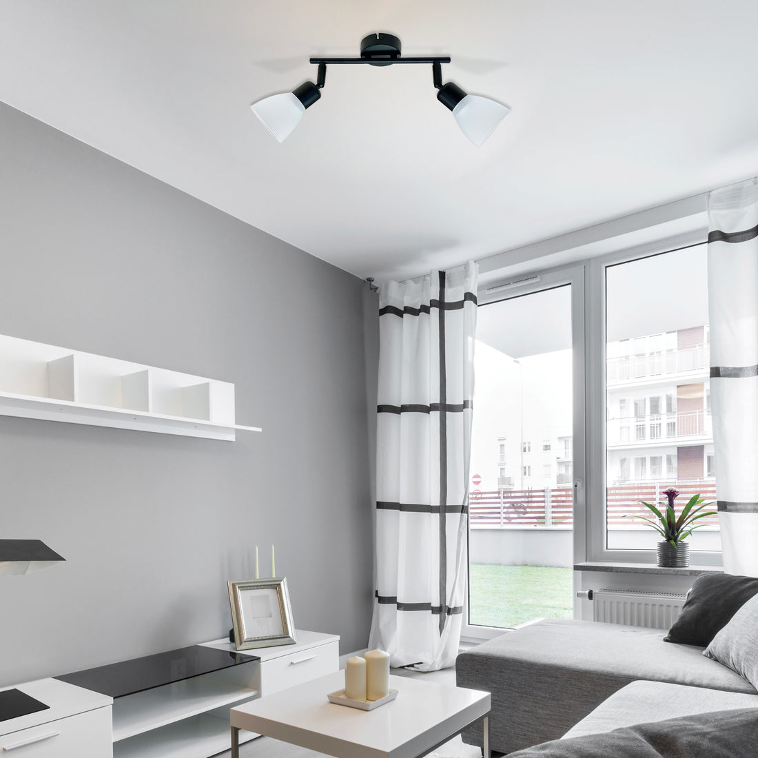 Plafonnier 2 Lampes Acier Verre Noir · photo 2