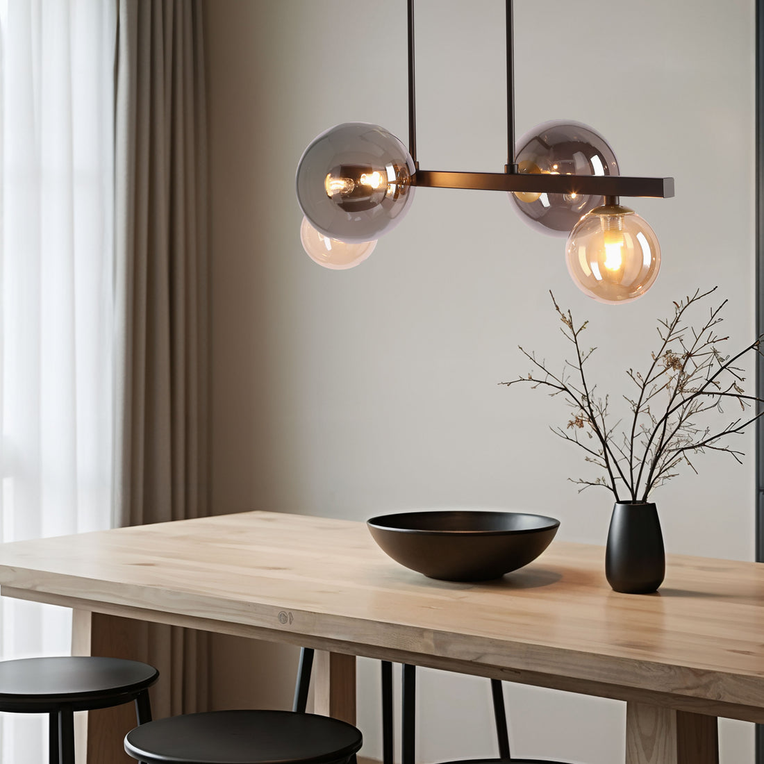 Suspension 4 Lampes Acier Verre Noir · photo 2