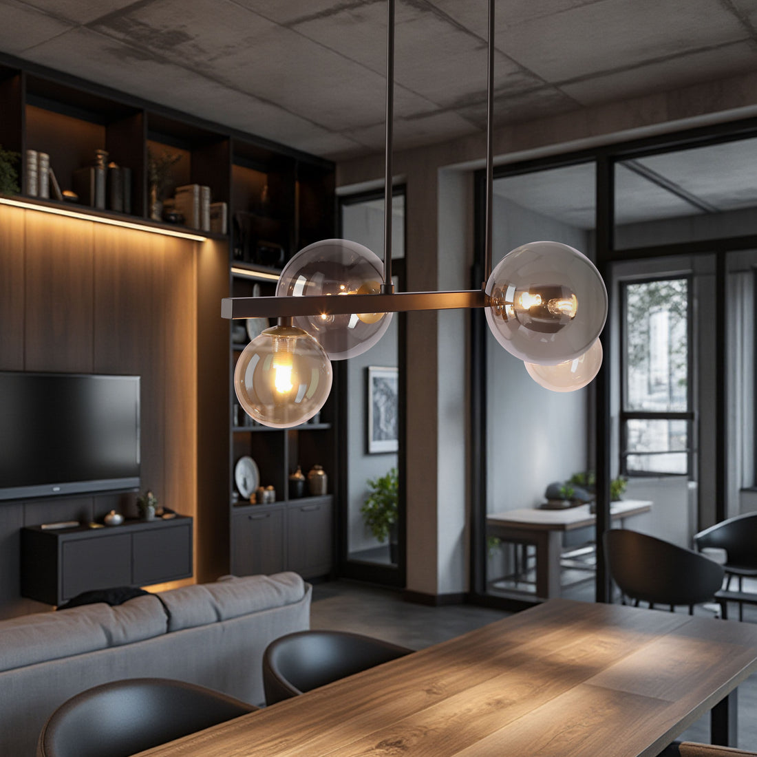 Suspension 4 Lampes Acier Verre Noir · photo 3