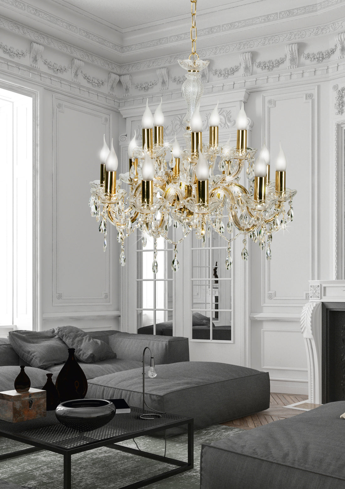 Suspension 5 Lampes Acier Verre Doré · Maria · photo 2