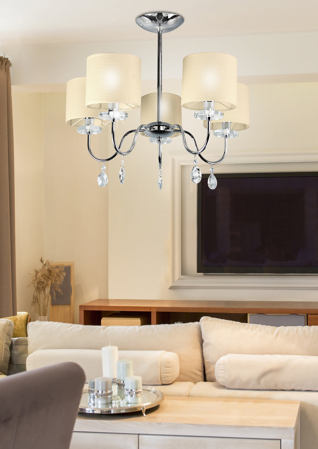 Suspension 5 Lampes Acier Tissu Chromé · Estera · photo 2