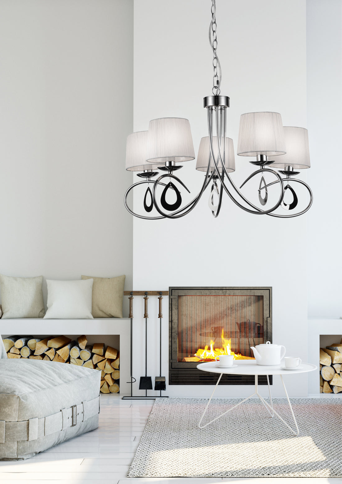 Suspension 5 Lampes Acier Tissu Chromé Blanc · Arnika · photo 2