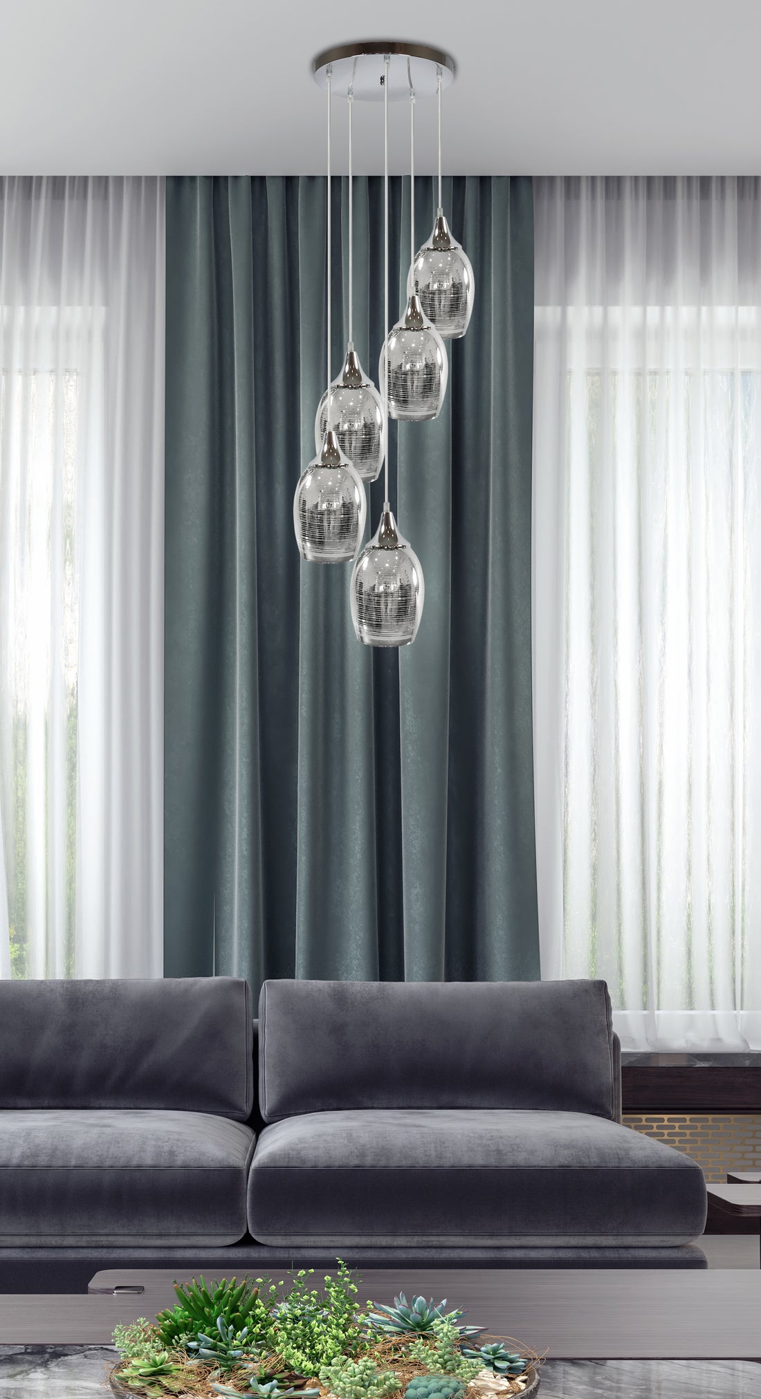 Suspension 5 Lampes Métal Verre Chromé · Marina · photo 3