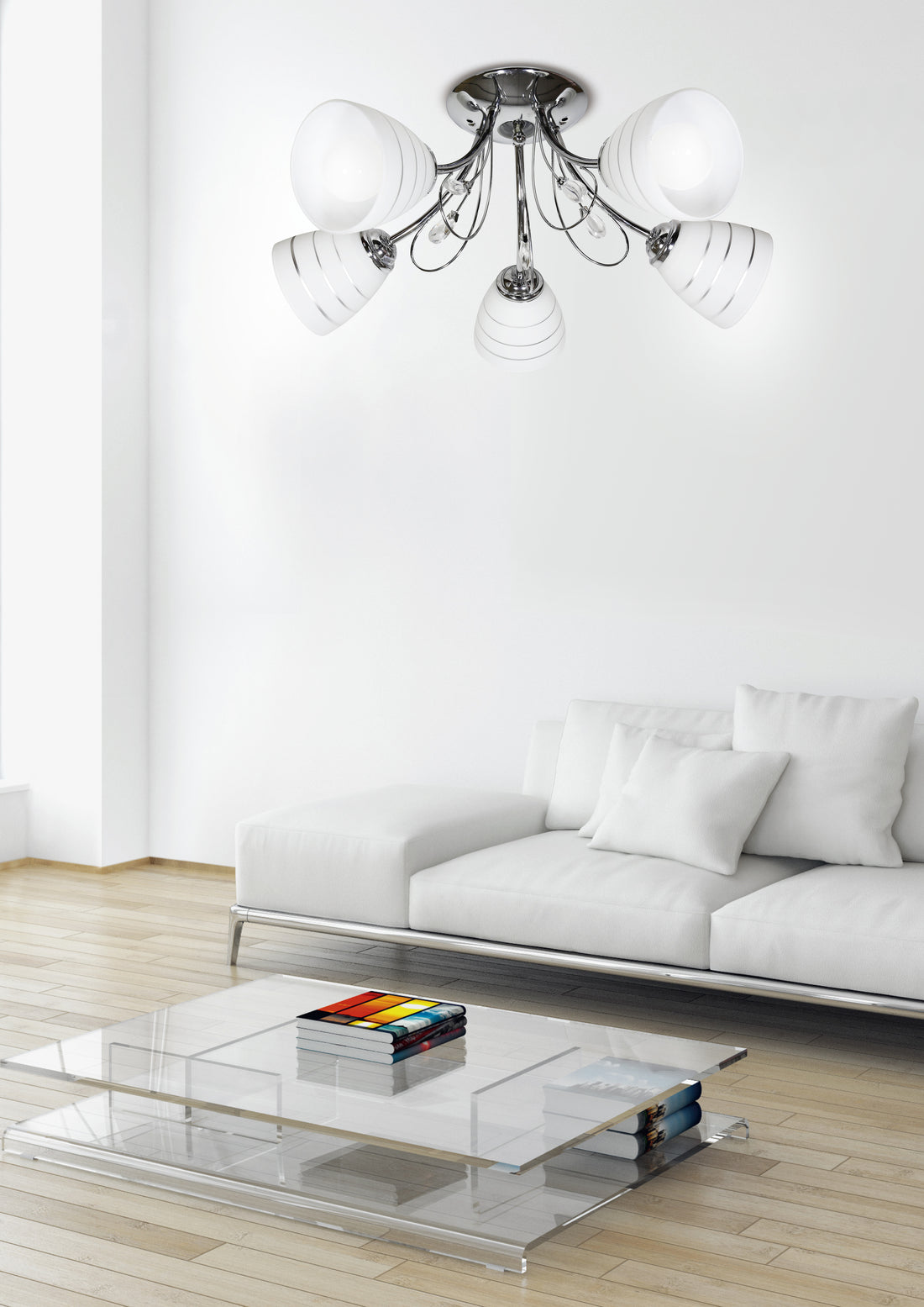 Suspension 5 Lampes Acier Verre Chromé · photo 2