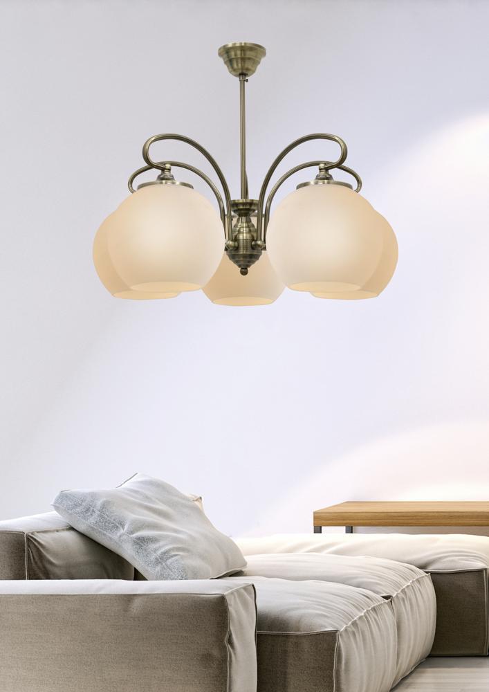 Suspension 5 Lampes Acier Verre Antique Laiton · Orbit · photo 3