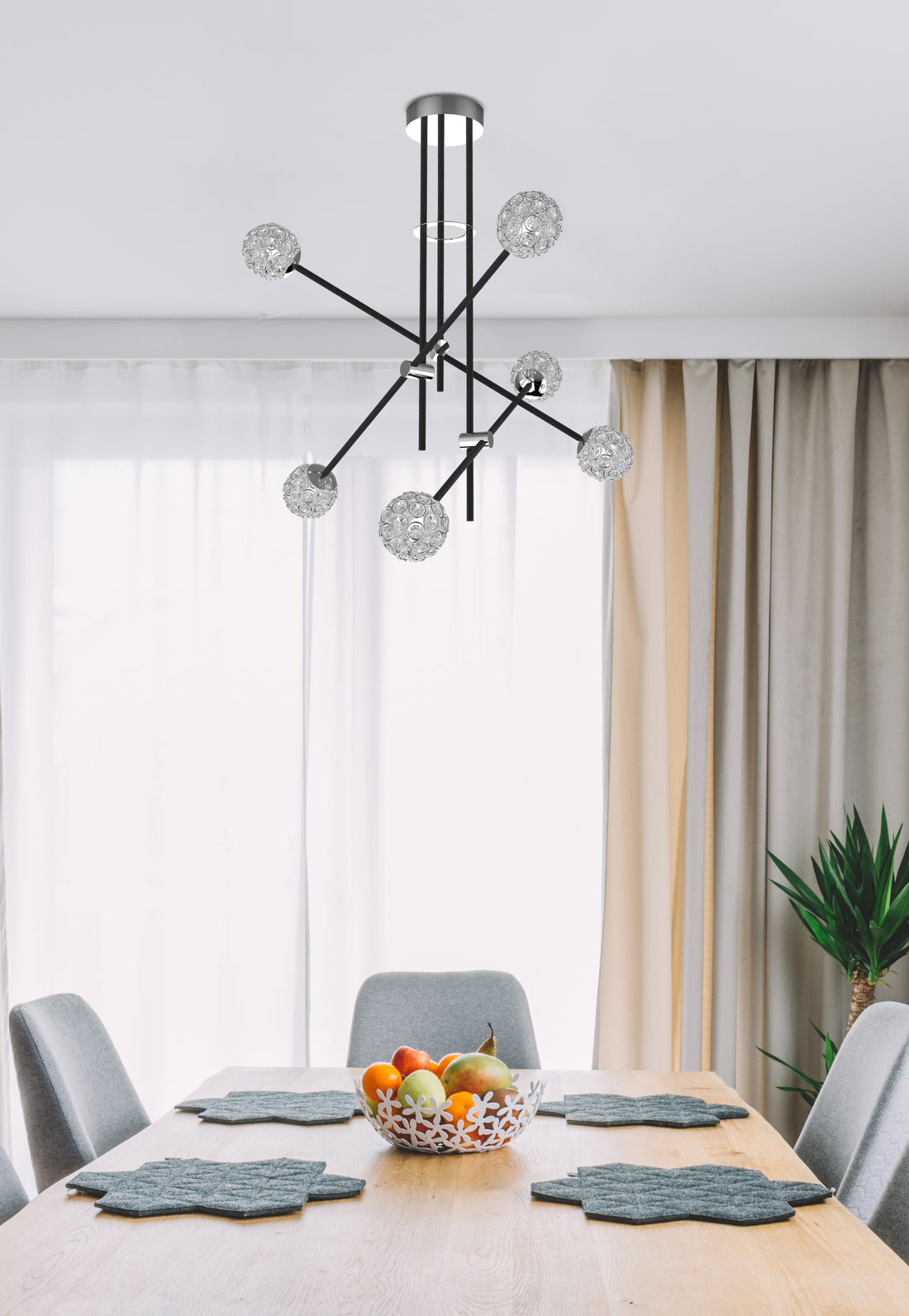 Suspension 6 Lampes Acier Verre Cristal Noir · Paksos · photo 3