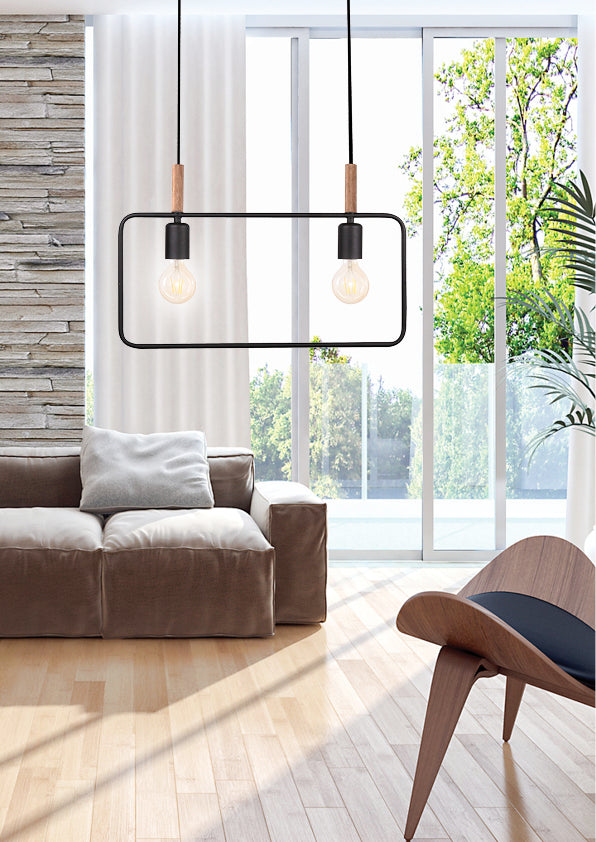 Suspension 2 Lampes Métal Bois Noir · Frame · photo 2